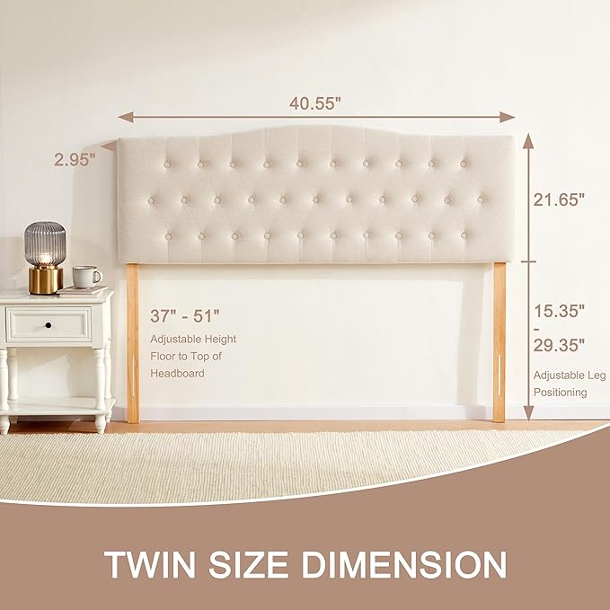 Tufted Upholstered Headboard Twin Size, Sturdy and Durable Solid Wood Twin XL headboard, Fabric Headboard Adjustable Height from 37” to 51”, Modern Button Diamond Design Head Board, Beige