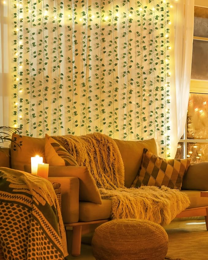 JACKYLED 80Ft 12 Pack Artificial Ivy Garland, Pothos Money Leaves with CE Certified 80 LED String Lights, Hanging Ivy Lights for Bedroom Garden Party Wall Room Decor