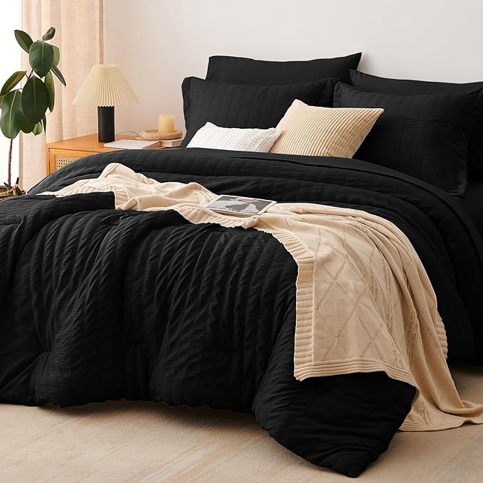 CozyLux Full Size Comforter Sets with Sheets Seersucker 7 Pieces Black Bed in a Bag Textured Luxury Soft Bedding Set with Down Alternative Comforter, Sheets, Pillowcases & Shams for All Seasons