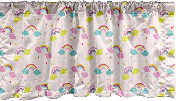 Ambesonne Cartoon Window Valance Pack of 2, Pastel Rainbows Clouds Raindrops Sky Theme, Rod Pocket Curtain Valances for Kitchen Bedroom, 42" X 18", Rose and Multicolor