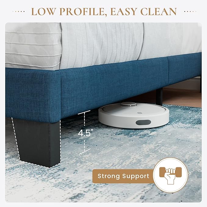 SHA CERLIN King Platform Bed Frame with Upholstered Fabric Headboard, Mattress Foundation with Strong Wooden Slats Support, No Box Spring Needed, Blue