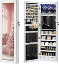 SONGMICS 6 LEDs Mirror Jewelry Cabinet, 47.2-Inch Tall Lockable Wall or Door Mounted Jewelry Armoire Organizer with Mirror, 2 Drawers, Christmas Gift, 3.9 x 14.6 x 47.2 Inches, White