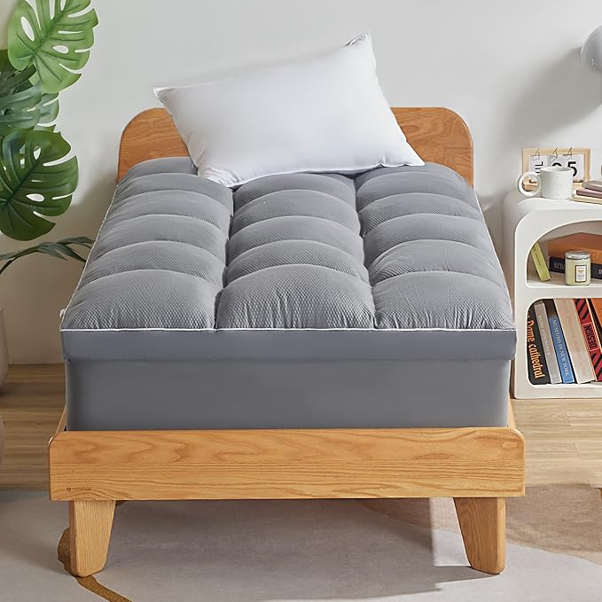 SLEEP ZONE Mattress Topper Twin Size, Extra Thick Fitted Mattress Pad for Back Pain, Plush and Support Mattress Cover, Deep Pockets Mattress Protector, Hotel Quality (Grey, Twin)