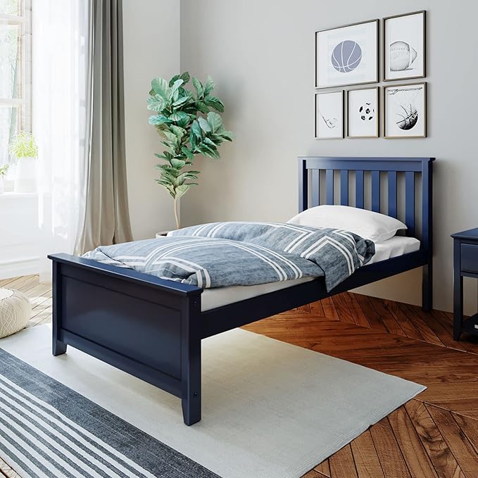 Max & Lily Twin Bed Frame with Slatted Headboard, Solid Wood Platform Bed for Kids, No Box Spring Needed, Easy Assembly, Blue