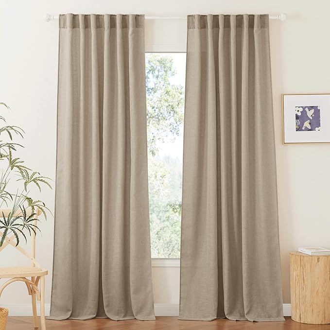 RYB HOME Sheer Linen Curtains 90 inches Long, Rod Pocket & Back Tab Linen Blend Elegant Light Filtering Privacy UV Protected Panels for Living Room, Khaki, 52" W, 2 Panels