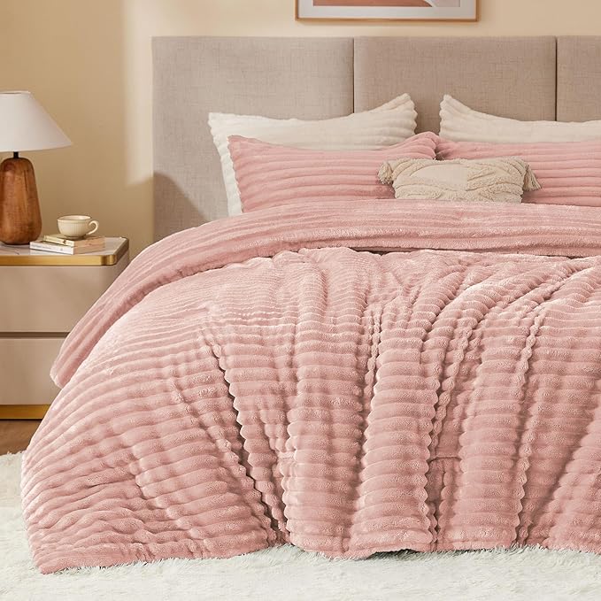 BEDELITE Fleece King Comforter Set -Super Soft & Warm Fluffy Dusty Pink Bedding, Luxury Fuzzy Heavy Bed Set for Winter with 2 Pillow Cases