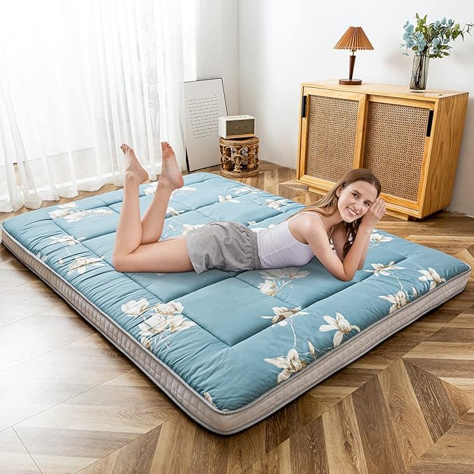 MAXYOYO Floral Printed Futon Mattress, Japanese Floor Mattress Quilted Bed Mattress Topper, Extra Thick Folding Sleeping Pad Breathable Floor Lounger Guest Bed for Camping Couch, Full Size