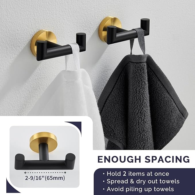 Angle Simple Towel Double Hook Black & Gold, 2 PCS Stainless Steel Bathroom Towel Holder, Dual Robe Coat Hook for Wall