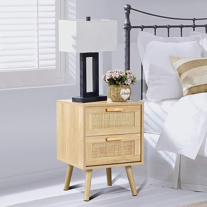 Finnhomy Nightstand, End Table, Side Table with 2 Hand Made Rattan Decorated Drawers, Wood Accent Table with Storage for Bedroom, Natural (Patented)