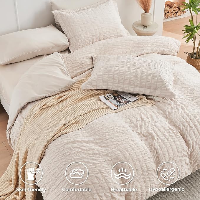 HYMOKEGE Beige Twin Comforter Set Seersucker 5 Pieces, All Season Luxury Bed in a Bag for Bedroom, Bedding Set with Comforters, Sheets, Pillowcase & Sham