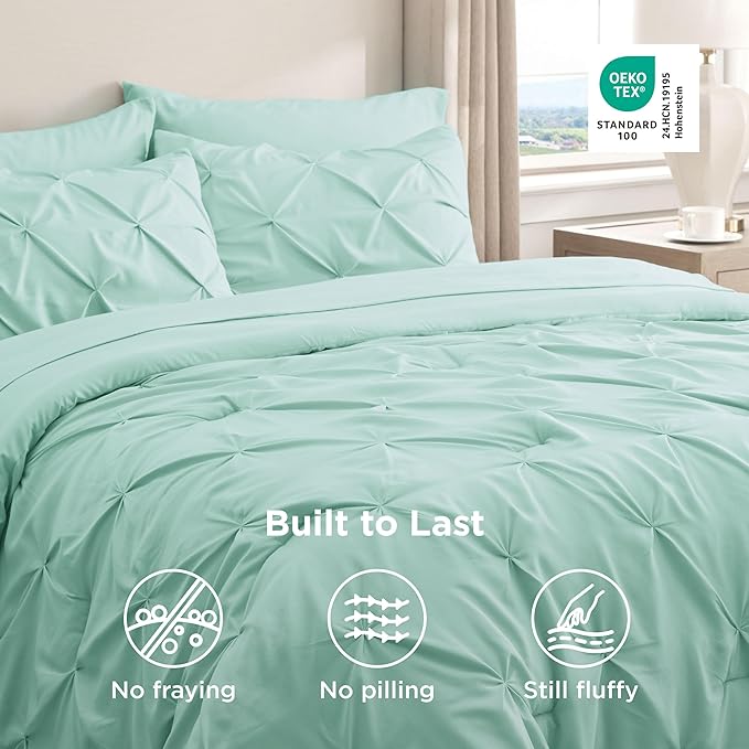 Bedsure Queen Comforter Set Mint Green - Bed in a Bag Queen Size Bedding 7 Pieces, GentleSoft™ Pintuck Bed Set Gift for Family, Pinch Pleat All Season Comforter with Sheets, Pillowcases & Shams