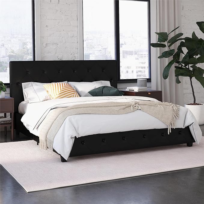 DHP Dakota Upholstered Platform Bed with Diamond Button Tufted Headboard and Footboard, No Box Spring Needed, Full, Black Faux Leather