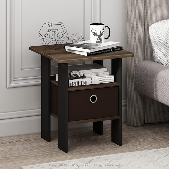 Furinno ANDREY Side Table, End Table, Night Stand with Open Shelves and Storage Bin, Bedside Table, for Living Room, Bedroom, Columbia Walnut