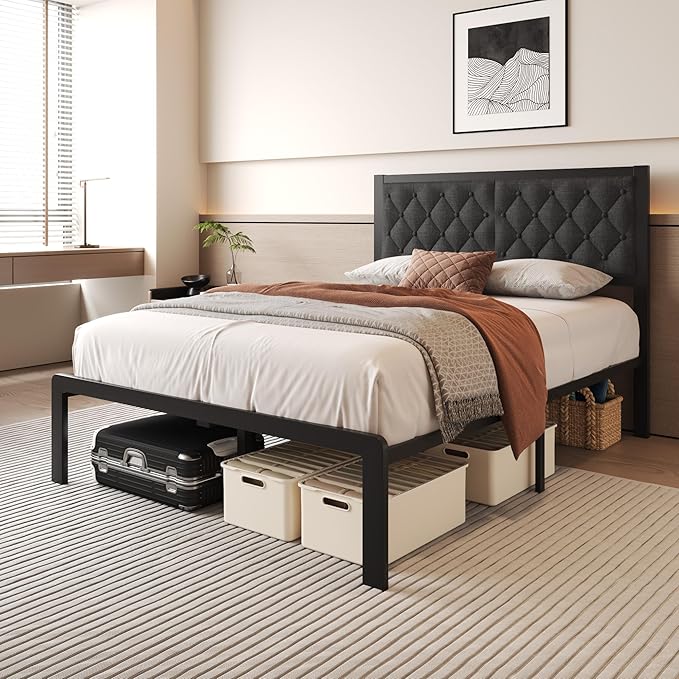 Full Bed Frame with Headboard Linen Upholstered Bed Frame Platform,All Metal Slats Support Platform Bed Frame with Storage Space,Easy Assembly,Noise Free,No Box Spring Needed,Grey