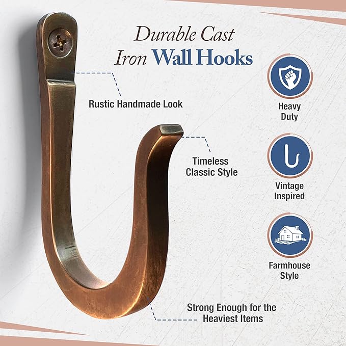 Antique Bronze Railroad Spike Cast Iron Hooks (10 Pack) Handmade Blacksmith, Wall Mounted Decorative Hooks, PowderCoated for Interior or Exterior Use, Rust Proof for Hanging Coats, Bags or Pots