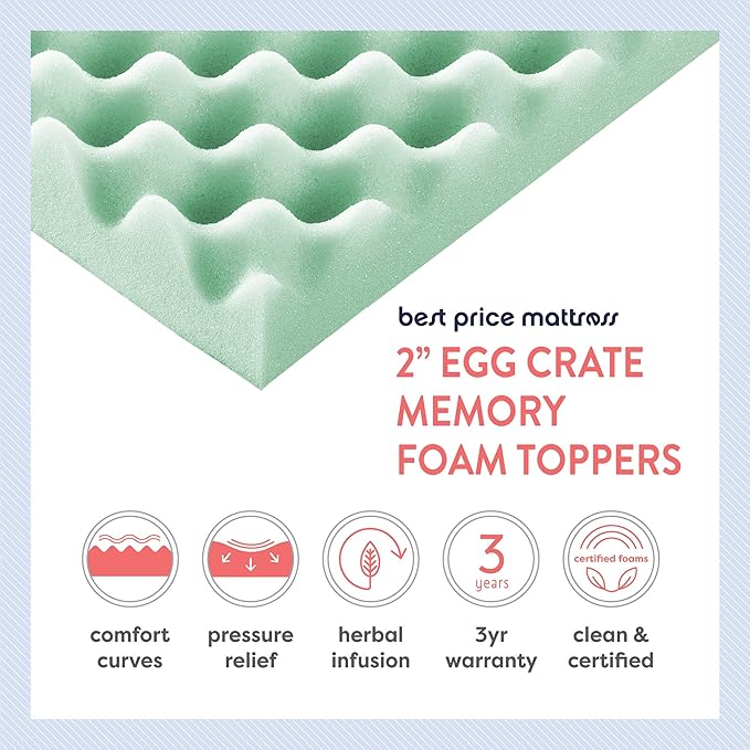Best Price Mattress 2 Inch Egg Crate Memory Foam Mattress Topper with Calming Aloe Infusion, CertiPUR-US Certified, King,Green
