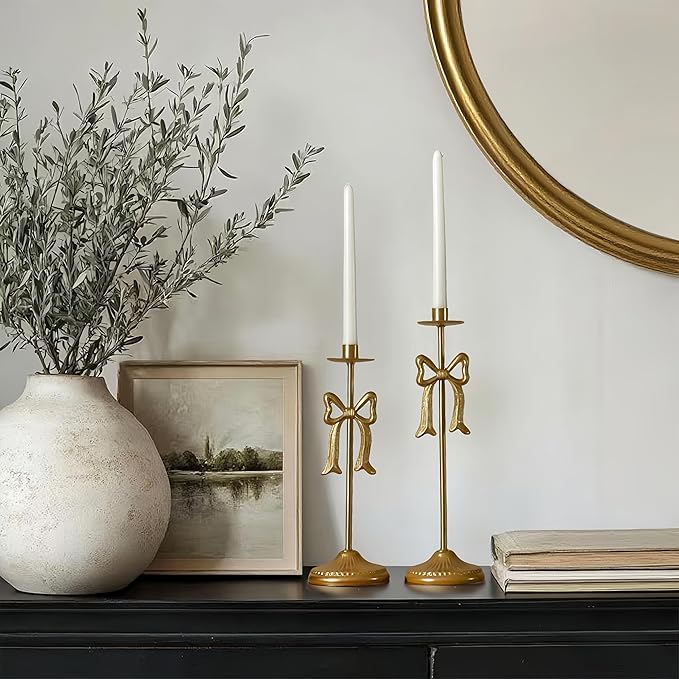 Bow Taper Candle Holders, Set of 2 Candle Stick Holders Set, Modern Decorative Centerpiece for Table Mantel Wedding Housewarming Gift (Vintage Gold)