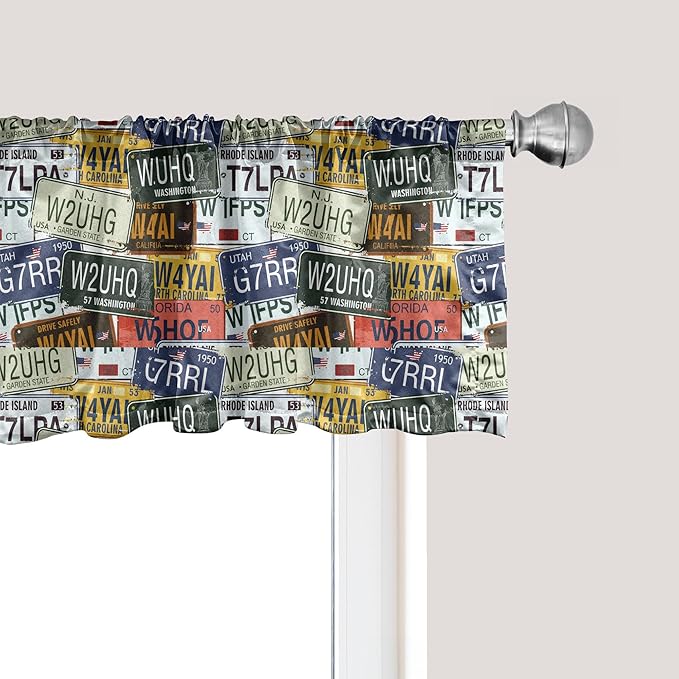Ambesonne Vintage Window Valance Pack of 2, Original Retro Style License Plates Personalized Creative Travel Vacation, Rod Pocket Curtain Valances for Kitchen Bedroom, 42" X 18", Green Blue Yellow