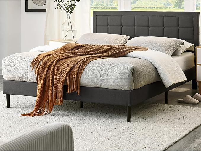 Decoro Mornington Upholstered 2.0 Platform Bed, Button-Tufted Fabric Headboard and Metal Frame with Wood Slat Support, Dark Grey, Queen