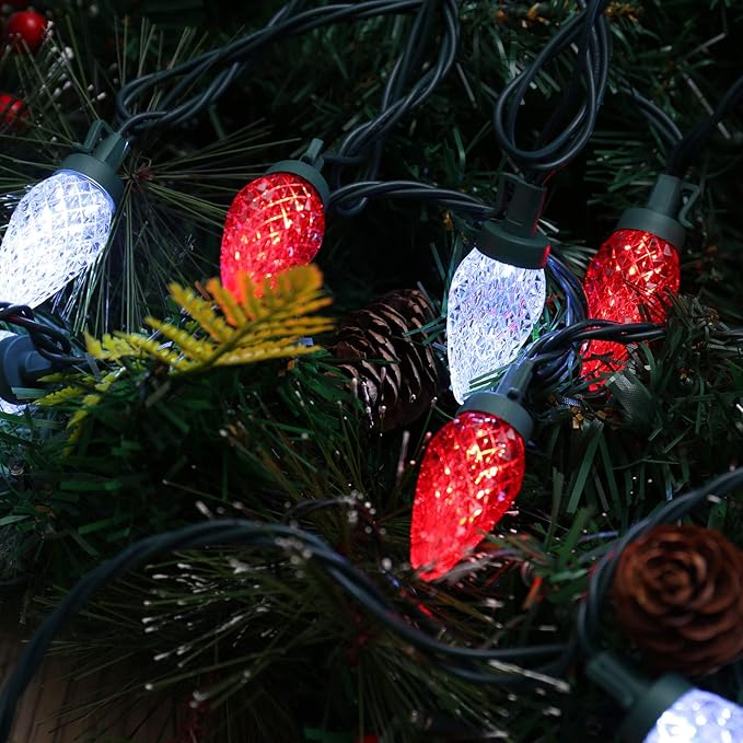 Brizled Red & White String Lights, 25 LED C9 Christmas Lights, Connectable Xmas Tree Light, Waterproof Strawberry String Light for Indoor Outside Tree Roof Garden Patio Pathway