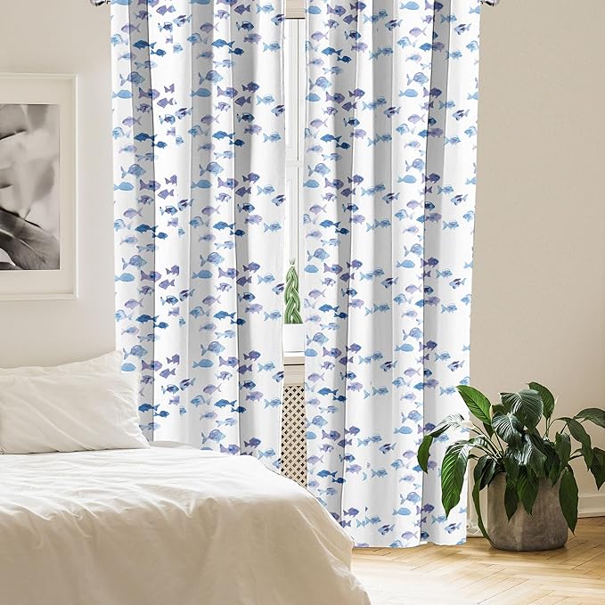 Ambesonne Animal Window Curtains Pack of 2, Little Fishes Watercolors Ocean Underwater Life Marine Theme Art, Lightweight Set with Rod Pocket, 4 Panels of - 28" x 95", Blue