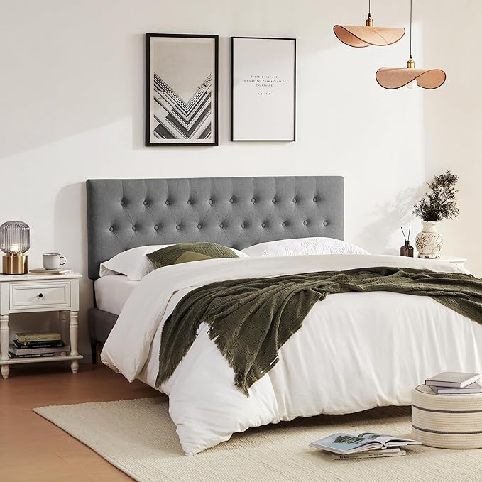 Tufted Upholstered Headboard Full Size, Solid Wood Head Board with Durable Metal Legs, Adjustable Height Full XL headboard from 37” to 51” Fabric Headboard in Modern Button Design, Grey