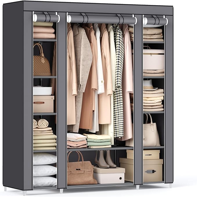 SONGMICS Closet Wardrobe, Portable Closet for Bedroom, Clothes Rail with Non-Woven Fabric Cover, Clothes Storage Organizer, 59 x 17.7 x 69 Inches, 12 Compartments, Gray ULSF03G