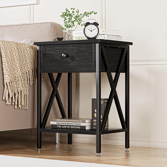 VECELO Nightstands Set of 2, Modern Bedside End Tables, Night Stands with Drawer and Storage Shelf for Living Room Bedroom, Industrial Metal Frame