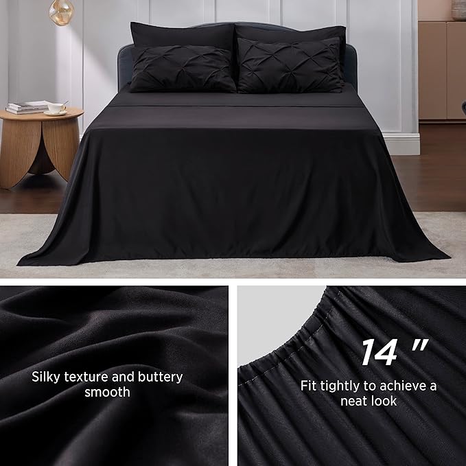 Bedsure Queen Comforter Set Black - Bed in a Bag Queen Size Bedding 7 Pieces, GentleSoft™ Pintuck Bed Set Gift for Family, Pinch Pleat All Season Comforter with Sheets, Pillowcases & Shams