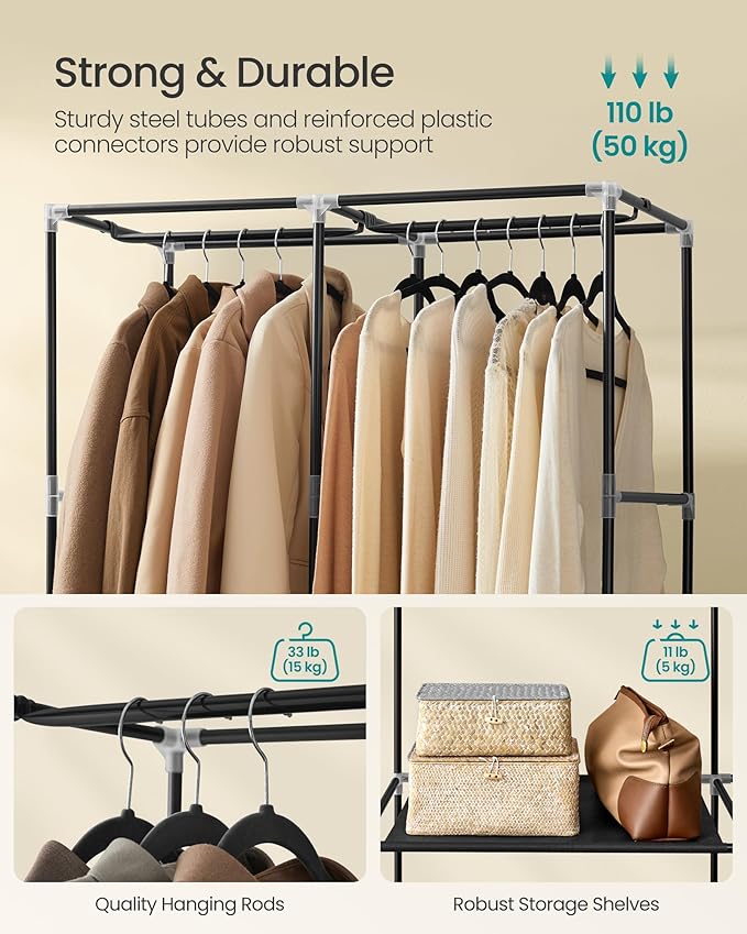 SONGMICS Portable Closet, Wardrobe Closet Organizer with Cover, 2 Hanging Rods and Shelves, 4 Side Pockets, 33.9 x 17.7 x 65.7 Inches, Large Capacity for Bedroom, Living Room, Ink Black URYG091B01