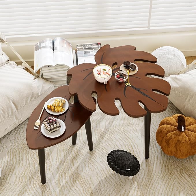 BAMEOS Monstera Leaf Nesting Tables Set of 2, Small Coffee Table Set with Leaf Vein Pattern, Modern Wooden Side Tables for Living Room Bedroom Apartment Balcony Yard