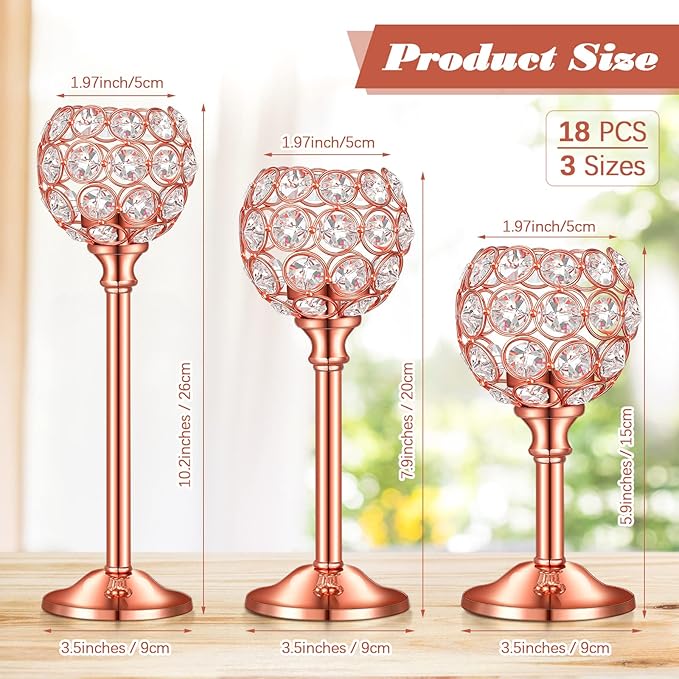 Qunclay 18 Pieces Crystal Candle Holders Bulk Candle Stick Holder Centerpieces for Table Wedding Centerpieces Crystal Decorative Tealight Dining Table Decor for Party(Rose Gold)