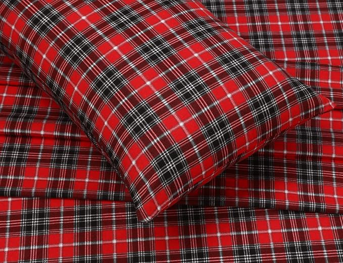 RUVANTI Flannel Sheets King Size - 100% Cotton Brushed King Size Sheets Set - Deep Pockets 16 Inches Bed Sheets - All Seasons Breathable & Extra Soft - Warm & Cozy, 4 Piece, Red Plaid