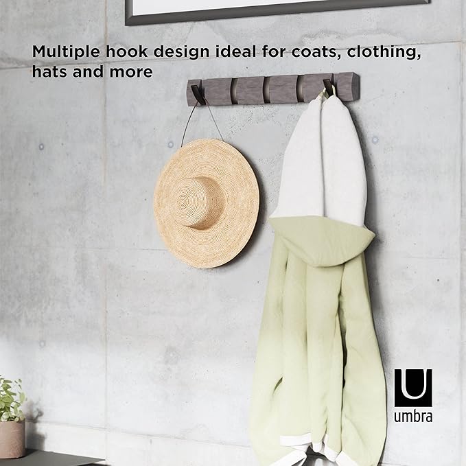 Umbra Flip Wall-Mounted Coat Rack with 5 Hooks – Modern, Space-Saving Storage for Hats, Jackets, Bags, Entryway, Mudroom, Closet, Bathroom, Bedroom – Grey/Pewter