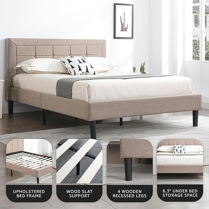 Decoro Mornington Upholstered 2.0 Platform Bed, Button-Tufted Fabric Headboard and Metal Frame with Wood Slat Support, Linen, King