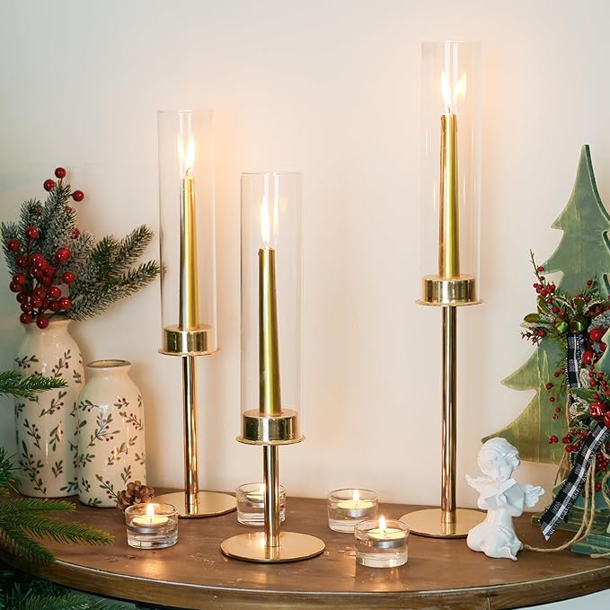 Hurricane Candle Holders Set of 3 Metal Candlestick Holder for Glass Taper Tall Candle Holders with Crystal Chimney Tube Candles Stands for Home Decor, Christmas, Dinning (3, Gold)