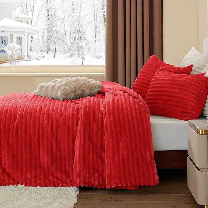 BEDELITE Fleece Queen Comforter Set -Super Soft & Warm Fluffy Red Bedding, Luxury Fuzzy Heavy Bed Set for Winter with 2 Pillow Cases