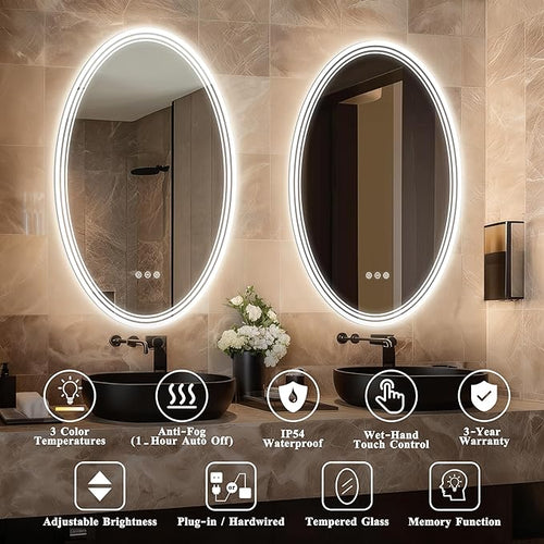 20''x28'' Oval Lighted Mirrors for Bathroom Wall Backlit + Front Lit, Oval LED Bathroom Mirror Frameless with Lights Anti Fog, Dimmable, 3 Colors,Tempered Glass, Shatter-Proof