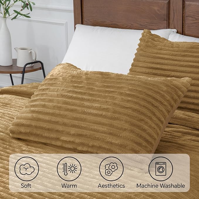 BEDELITE Fleece Full Comforter Set -Super Soft & Warm Fluffy Brown Bedding, Luxury Fuzzy Heavy Bed Set for Winter with 2 Pillow Cases