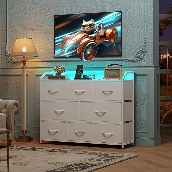 WLIVE Led Dresser for Bedroom, White Dresser TV Stand for Bedroom with LED Lights and Power Outlet, Wide Chest of Drawers for Hallway, 8 Fabric Drawers for Living Room and Entryway, Easy to Assemble