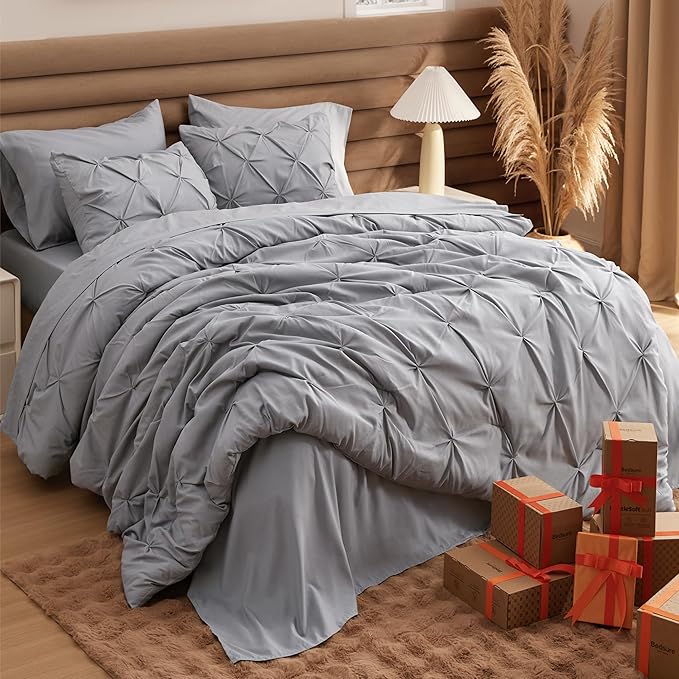 Bedsure Oversized Queen Comforter Set Grey - Bed in a Bag Bedding Set 7 Pieces, GentleSoft™ Pintuck Bed Set Gift for Family, Pinch Pleat All Season Comforter with Sheets, Pillowcases & Shams