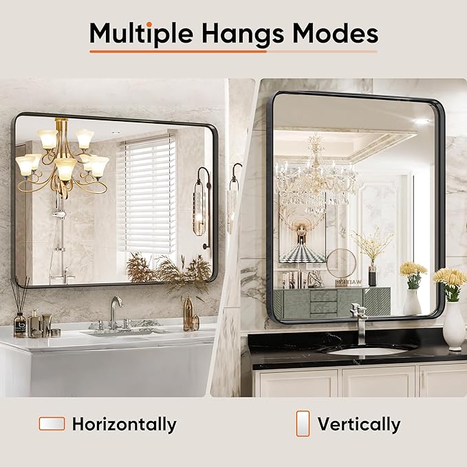DUMOS Black Vanity Bathroom Mirror for Wall, Metal Framed Rounded Rectangular Modern Mirrors for Over Sink, 30x40 Inch for Farmhouse, Tempered Glass, Hangs Horizontally or Vertically
