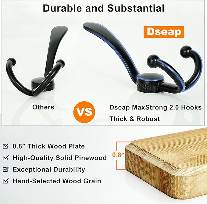 Dseap Coat Rack Wall - Heavy-Duty 38-1/4" Long, with Reinforced 10 Custom Tri-Hooks, Solid Wood Wall Hanger for Coats Hat Jackets - Rustic Farmhouse Entryway Storage, Light Brown & Black, Pack of 2