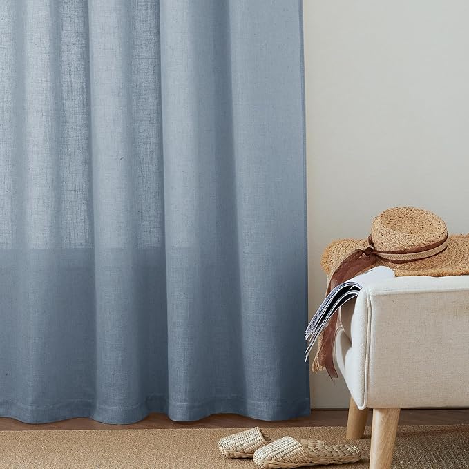 RYB HOME Flax Linen Curtains for Bedroom Bathroom Kids Room, Semi Sheer Light Filtering Privacy Assured Elegant Vertical Texture Modern Window Drapes, W 60 x L 95 inches, Dusty Blue, 1 Panel