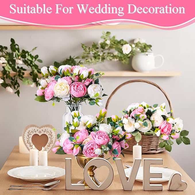 Hoteam 24 Bundles Artificial Peonies Flowers Wedding Faux Flowers Silk Peony Bouquet Bulk Bride Fake Florals Arrangements for Table Centerpieces Wedding Party Vase Decor (Light Pink, White)