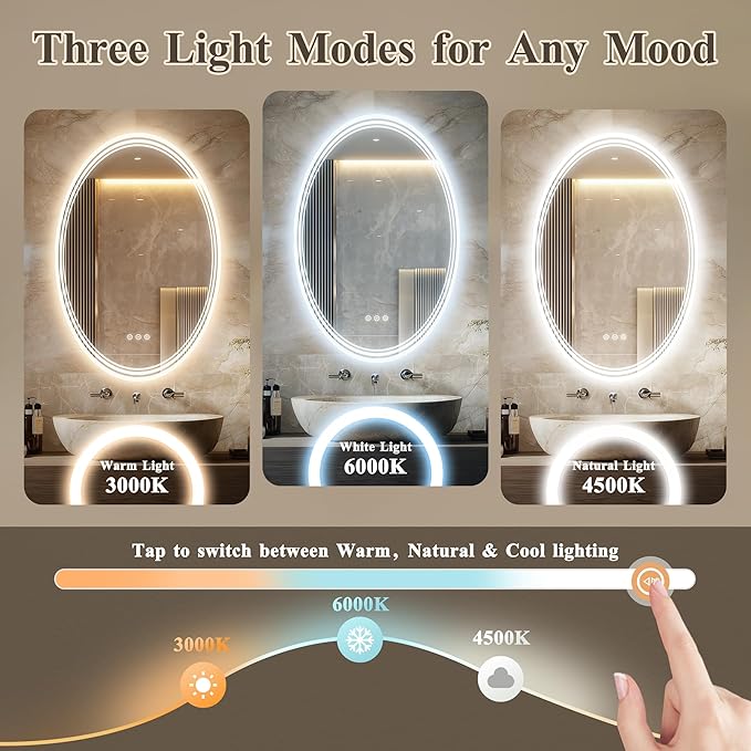 24''x36'' Oval Lighted Mirrors for Bathroom Wall Backlit + Front Lit, Oval LED Bathroom Mirror Frameless with Lights Anti Fog, Dimmable, 3 Colors,Tempered Glass, Shatter-Proof