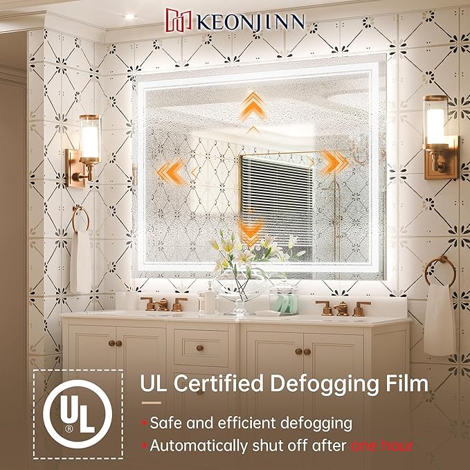Keonjinn LED Bathroom Mirror 48 x 36 in with Backlit and Front Lights, Stepless 3 Colors Temperature & Dimmable Wall Mirror, UL Listed LED Driver, Tempered Glass Double Lighted Bathroom Vanity Mirror
