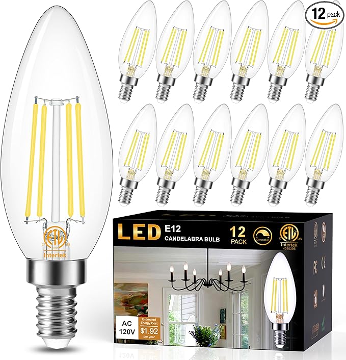 Cotanic Dimmable E12 LED Candelabra Bulb 4000K Daylight, Ceiling Fan Light Bulbs Small Base,60W Equivalent,Type B Bulb for Chandelier,Vintage B11 LED Candle Shape with Clear Glass,600LM,12 Pack