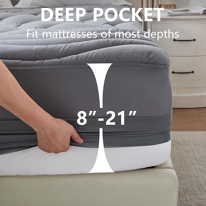 Full Size Mattress Pad Waterproof, Cooling Mattress Topper for Double Bed, Pillow Top Quilted Fitted Mattress Protector Cover with 8-21" Deep Pocket (54x75 inch, Grey)