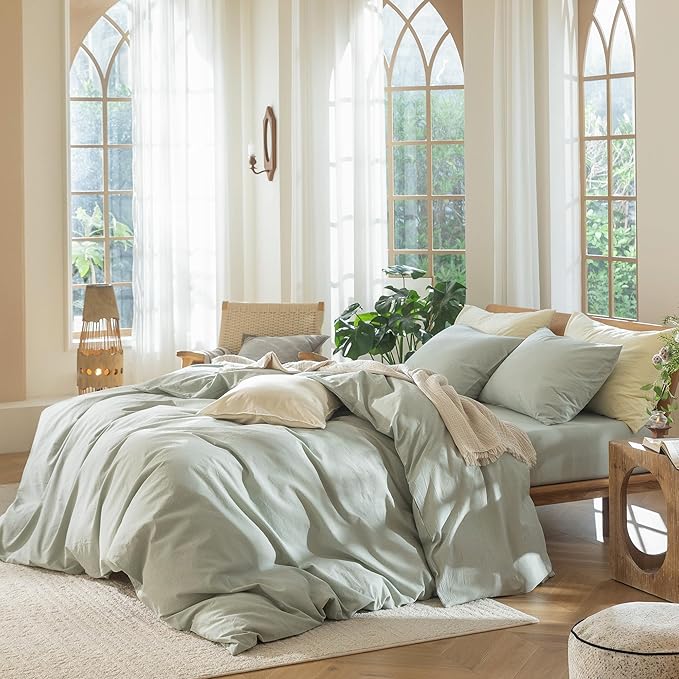 MooMee Bedding Duvet Cover Set 100% Washed Cotton Linen Like Textured Breathable Durable Soft Comfy (Heathered Sage Green, Queen 90"x90")